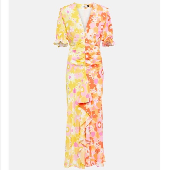 Rixo Ariel Floral Midi Dress Size 10 Pink Orange Yellow Abstract V-Neck - Picture 1 of 9